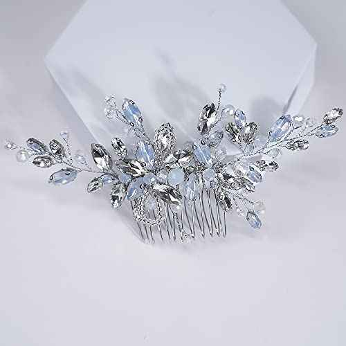 Teyglen Dainty Crystal Bridal Wedding Hair Comb Sparkly Silver Opal Rhinestone Hair Pieces Hair Accessories Bridal Side Comb Headpieces for Women Bride Girls