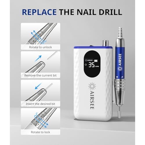 AIRSEE 35000 RPM Professional Electric Rechargeable Nail Drill File Machine for Acrylic Extension Gel Dip Powder Powerful Cordless Portable Efile 56 Sanding Bands 7 Bits LCD Scrn Salon Manicure Use G7