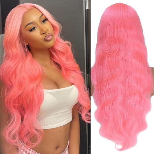Pink Lace Front Wigs Human hair Pink Wigs Human Hair Body Curly Human Hair Wig For Women Body Wave Lace Frontal Wigs Human Hair 200% Density HD Transparent Pre Plucked 26 inch
