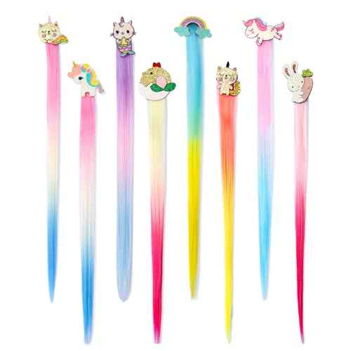 8 Pieces Hair Clips for Girls, Animal Straight Rainbow Hair Extensions for Kids, Little Girl Hair Clips Accessories for Girls Toddler Kids Ponytails