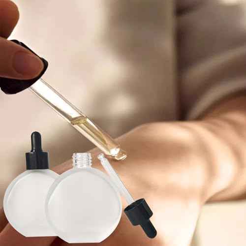 Clear Frosted Dropper Bottles 2 OZ 6 Pcs Frosted Round Flat Glass Bottles with Eye Dropper, for Essential Oils Perfume Serums Hair Oils and other liquids (Clear-Frosted, 2 OZ)