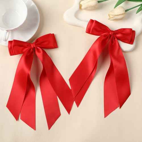 LuSeren 2 PCS Double Layer Hair Bows Red Hair Ribbon Clips Ponytail Holder Accessories for Women Girls Toddlers Teens Kids