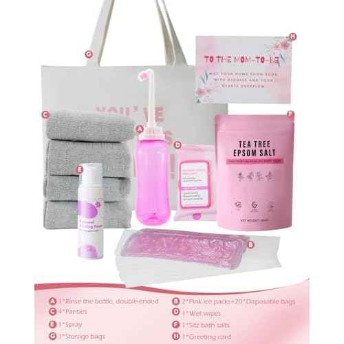 Postpartum Essentials Kit - Peri Bottle,Perineal Ice Packs,Perineal Healing Foam,Disposable Underwears,Cooling Pad Liners,Bath Salts,Canvas Bag,Card,Postpartum Gifts for Mom