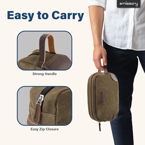 Emissary Men's Leather and Canvas Travel Toiletry Bag, Dopp Kit, Travel Bathroom Bag, Shaving Kit, Small Bags for Travel Accessories (Brown)