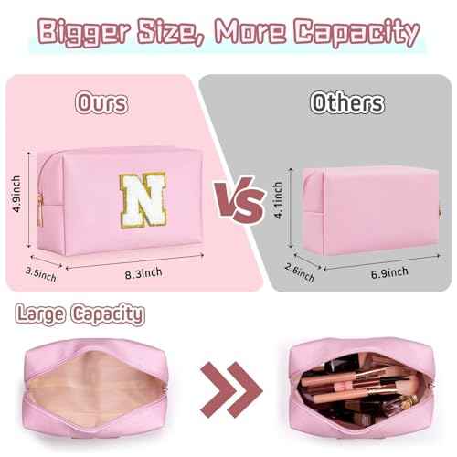 TOPEAST Initial Makeup Bag, Birthday Gifts for 4 5 6 7 8 9 10 11 12 Year Old Teen Girls, Personalized Preppy Cosmetic Bag | Leather Toiletry Bag (Pink A)