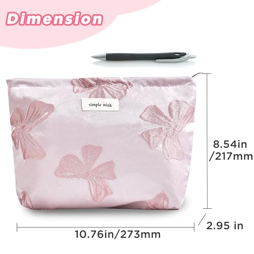 Pink Bow Makeup Bag for Purse Zipper - Large Capacity Canvas Cosmetic Organizer, Coquette Preppy Travel Toiletry Pouch for Women and Girls Gift Idea