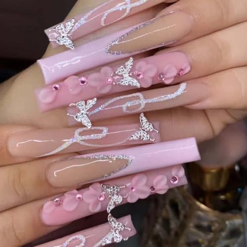 French Press on Nails Pink Fake Acrylic Long Nails Square Flower Full Cover Fake Nails for Women and Girls 24PCS