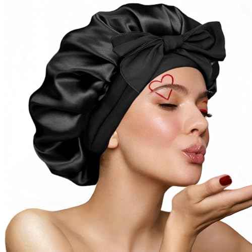 Silk Bonnet for Sleeping Women, Ajustable Hair Bonnet for Curly Hair with Tie Band Shower Caps Black£¬Large