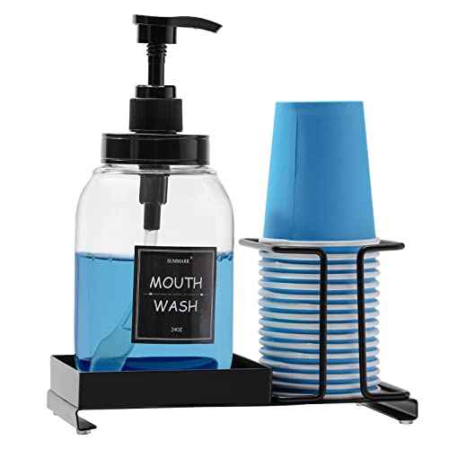Mouthwash Dispenser for Bathroom,Mouth Wash Pump Bottle with Stainless Steel Cup Holder,24 OZ Refillable Clear Mouthwash Container,BPA Free,Black