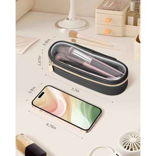 Clear Travel Makeup Brush Holder, Leather Makeup Brush Toiletry Bag, Portable Cosmetic Brush Case, Transparent Waterproof Makeup Brush Storage Bag, Black