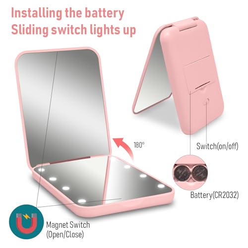 Compact Mirror, 1x/3x Magnifying LED Pocket Mirror, Small Lighted Travel Makeup Mirror for Purse, Handbag, Folding, Handheld, 2-Sided Mini Mirror with Lights for Women (Pink 1pack)