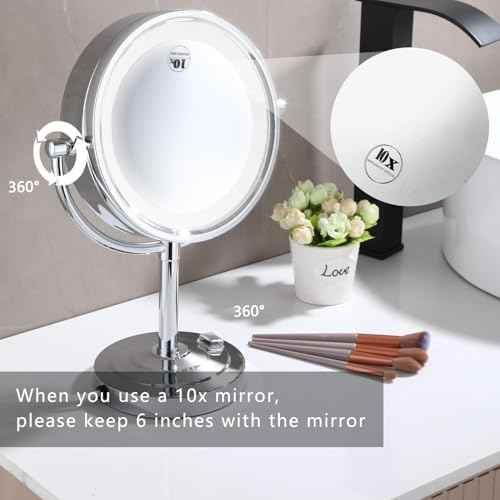 Cavoli 8.5 inch LED Makeup Mirror with 10X Magnification,has Three Colors Lights,Extendable Bathroom Mirror,Tabletop Two-Sided, Antique Brass Finish(8.5in,10X) (Chrome, 10x Magnification)
