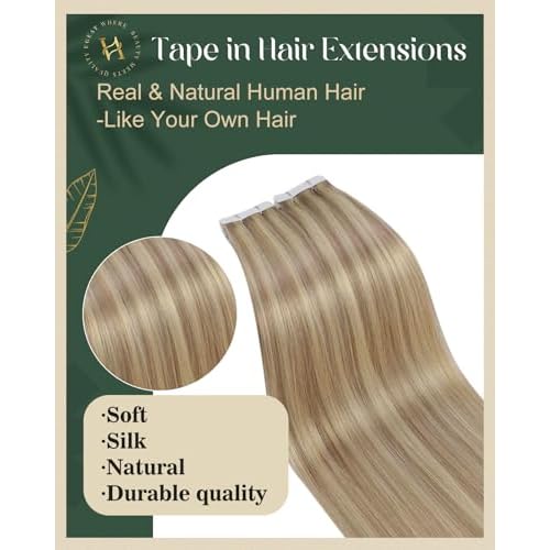 Ugeat Ash Blonde Tape in Hair Extensions Human Hair Tape in Hair Extensions Dark Ash Blonde with Golden Blonde Straight Long Lightweight No Damage to Natural Hair for Wedding 22Inch 20Pcs 50G