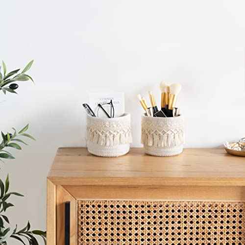 Mkono Macrame Makeup Brush Holder Organizer Comb Brushes Mini Storage Basket Set of 2 Boho Decor Baskets for Pen Pencil Box Container ,Ivory