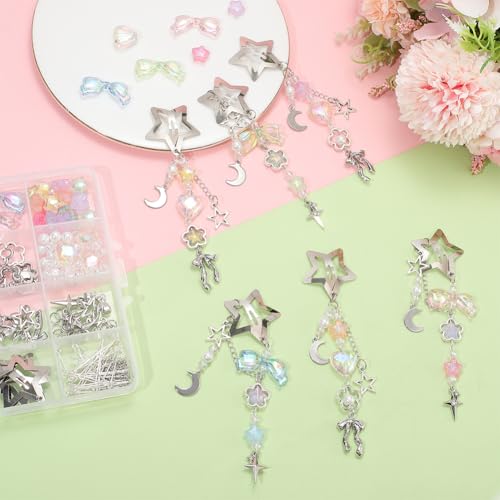 SUNNYCLUE 1 Box DIY 6 Sets Star Tassel Hair Clips Making Kit Hairclip Pack Stars Moon Bowknot Cute Hairpins Hairclips With Beaded Tassels Hairpin Accessories for Women Braid Long Short Thin Thick Hair