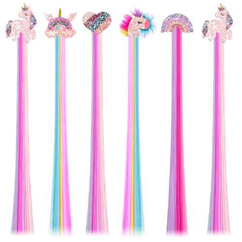 6 Pcs Hair Clips for Girls, 15in Rainbow Hair Extensions for Kids, Colored Girl Hair Accessories, Unicorn Hairpieces for Girls Toddler Kids