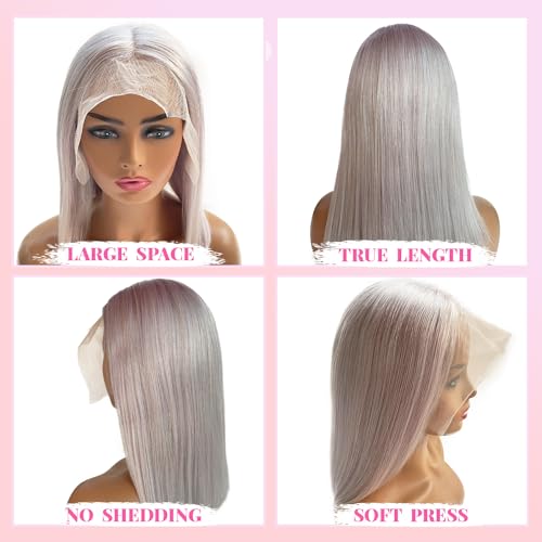 Grey Bob Wigs Human Hair 13¡¿4 Grey Lace Front Wigs Human Hair HD Lace Frontal Wigs 180 Density Grey Human Hair Bob Wigs for Black Women 12 Inch