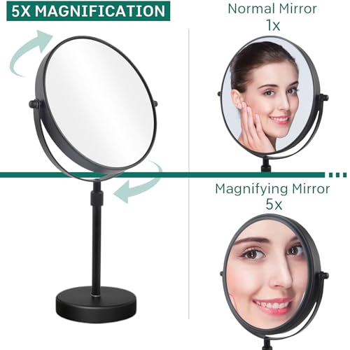 Nicesail Higher Taller Tabletop Makeup Mirror of 8 Inch, 5X Magnified Makeup Mirror Countertop Standing, Height Adjustable, Double Sided Mirror in Matte Black (8 Inch, 5X)¡¦