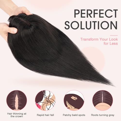 TESS Real Hair Toppers for Women Handmade Lace Base Womens Clip In Hairpieces with Bangs 5 Clips Natural Coverage Soft and Secure 2¡¿6", Nature Black