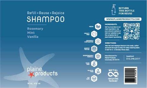 Plaine Products Eco-Friendly Shampoo and Conditioner - Rosemary, Mint, Vanilla - Sulfate Free, 16 oz (Refillable Bottles with Pumps)