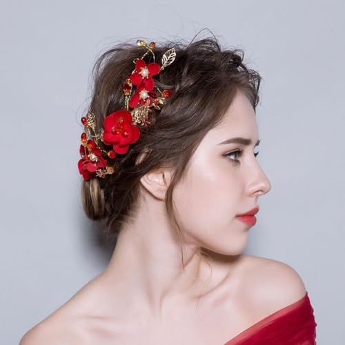 2 Pack Red Flower Hair Clips Rose Floral Bridal Hairpins Crystal Pearl Flower Bride Headpiece Red Wedding Accessories for Women Girls Halloween Chrismas Party Prom