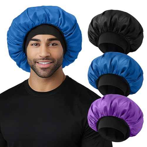 3Pcs Satin Bonnets for Men, Hair Bonnet for Sleeping Women Soft Elastic Band Silk Sleep Bonnet for Curly Hair Braids