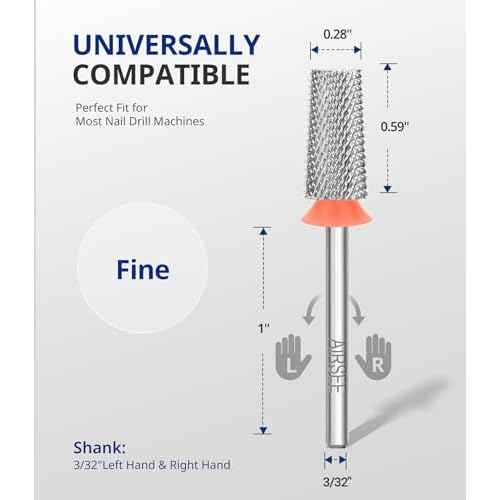 AIRSEE Tungsten Carbide Acrylic Nail Drill Bit Efile Electric File Machine Head Tip for Manicure Polishing Art Remove Gel 3/32" 2 Way Professional Tech Flat Top Tapered Barrel Fine-F