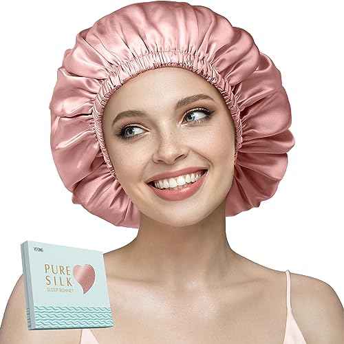YFONG Double Layered 100% Silk Bonnet for Sleeping Women, 22 Momme Pure Mulberry Silk Sleep Cap with Adjustable Elastic Band Stay On Head£¬Reduce Frizz, Keep Hairstyle, Soft & Breathable, Pink, M