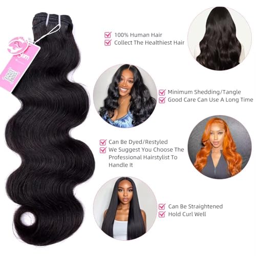 MSGEM 15A Body Wave Bundles Human Hair Brazilian Body Wave Human Hair Weave 1 bundle 26 Inch 100% Unprocessed Virgin Human Hair Extensions for Black Women Natural Color
