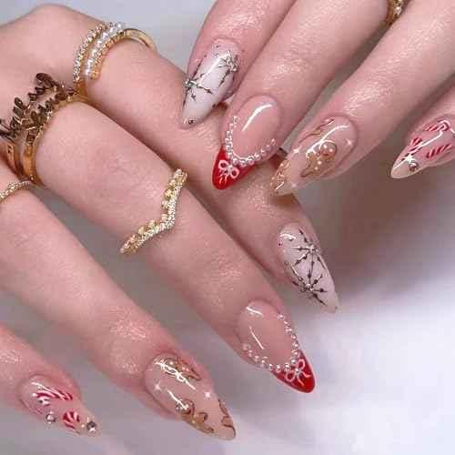 24Pcs Christmas Press on Nails French Tip Medium Almond Fake Nails Cat Eye Xmas False Nails with Snowflake Pearl Design Winter Acrylic Nails Full Cover Reusable Christmas Glue on Nail for DIY Nail Art