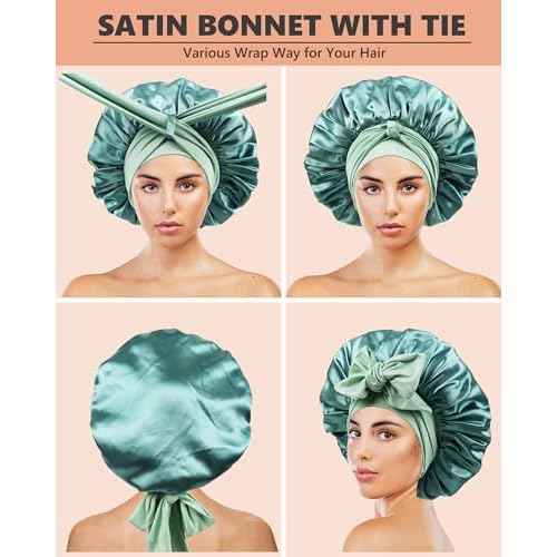 Satin Bonnet for Sleeping Women,Double Layer Hair Bonnet for Sleeping with Tie Band for Curly Hair Braids Long Hair Green