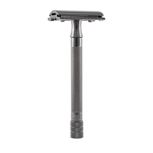 MERKUR 23B Double Edge Safety Razor - Black Long Knurled Brass Handle Made in Germany Plastic-Free Three Piece Design Closed Comb Straight Bar
