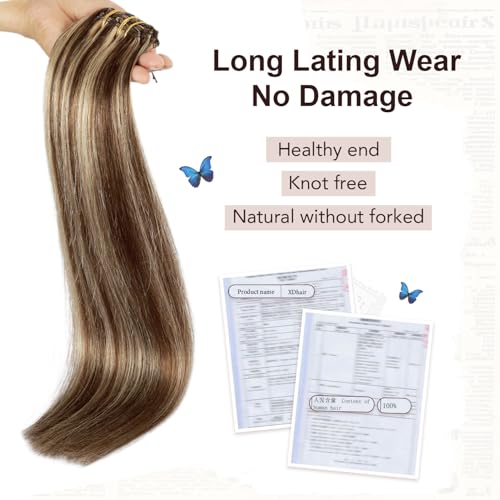XDhair Clip In Hair Extensions Remy Human Hair Medium Brown #4 Mixed to Caramel Blonde #27 Clip In Real Hair Silk Stright 120g 6Pcs (#4P27,18Inch)