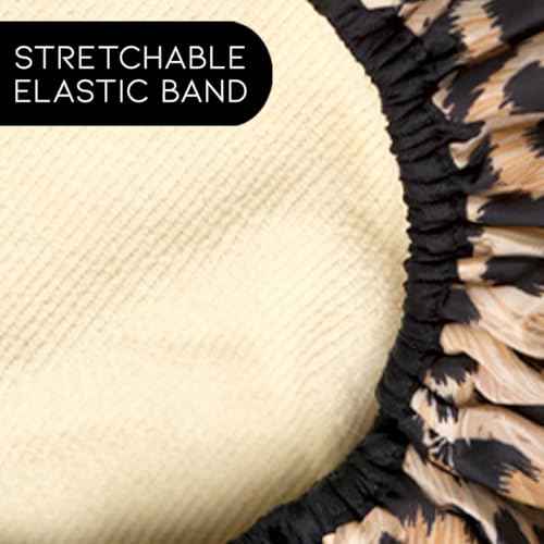 Reusable Nylon Shower Cap & Bath Cap, Reversible Oversized Waterproof Shower Caps Large Designed for all Hair Lengths w Terry Lining & Elastic Band Stretch Hem Hair Hat - Socialite Safari Spots