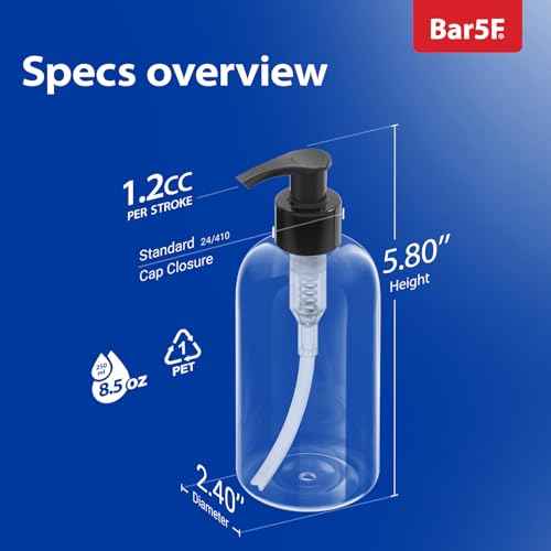Bar5F Plastic Bottles with Pump Dispenser, 8 oz | Leak Proof, Empty, Clear Refillable, BPA Free for Body Wash, Moisturizer, Face Cream, Liquid Soap | Black & White Pumping Caps | Set of 2