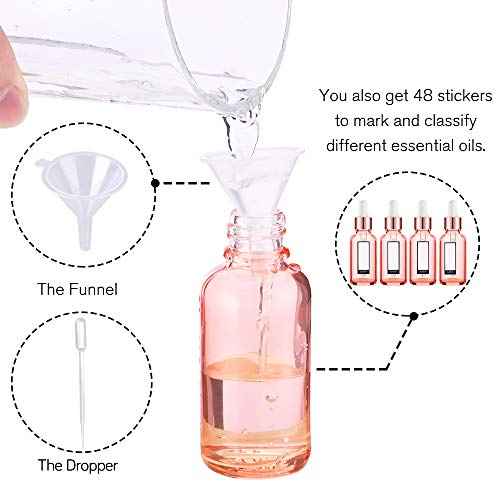 PrettyCare Glass Eye Dropper Bottles 24 Pack, 1oz (30ml) Rose Empty Thick Bottles Bulk with Leakproof Caps - With Labels & Funnels for Storage, Travel, Essential Oils, Cuticle Oils, Tinctures