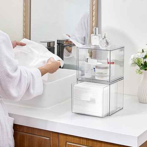 Vtopmart Disposable Facial Towels Holder,Clear Storage Drawer Compatible with Clean Skin Club Towel XL,Acrylic Box Hold 50 Count,Stylish and Functional Bathroom Accessory for Coutertop Organization