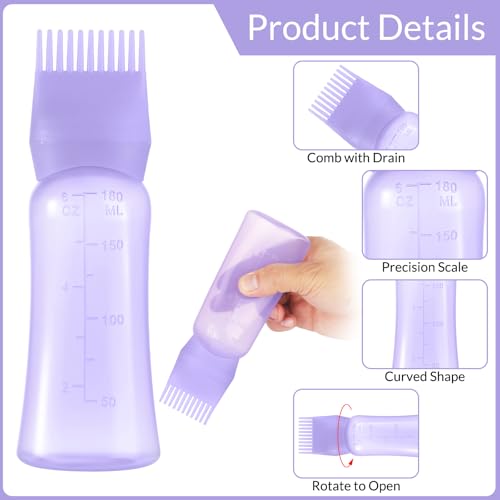 Root Comb Applicator Bottle 6 OZ, Hair Oil Applicator Bottles for Scalp with Massage Comb, 2 Pack Hair Dye Applicator with Graduated Scale (Purple, Blue)