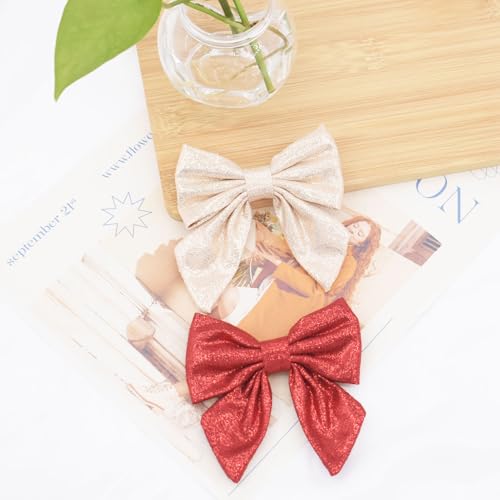 2Pcs Christmas Bow Claw Clips for Women Girls, Metal Claw Clips Glitter Bow Hair Clips Non Slip Strong Hold Fashion Hair Accessories for Women Girls Kids (Red and Gold)