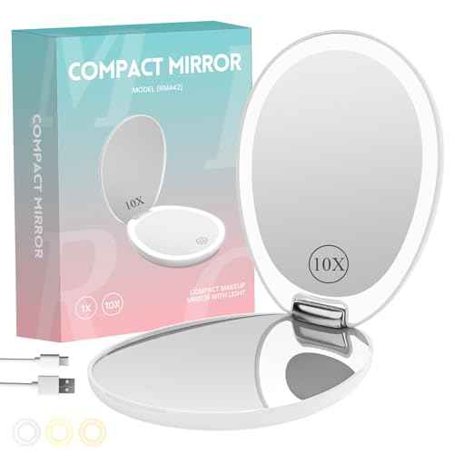 FUNTOUCH 10X Magnifying Travel Makeup Mirror with Light, Led Compact Mirrors with Light, Lighted Small 1x 10x Magnifying Mirro-r, 2-Sided Light up Pocket Portable Mirror, 3 Color Lighting
