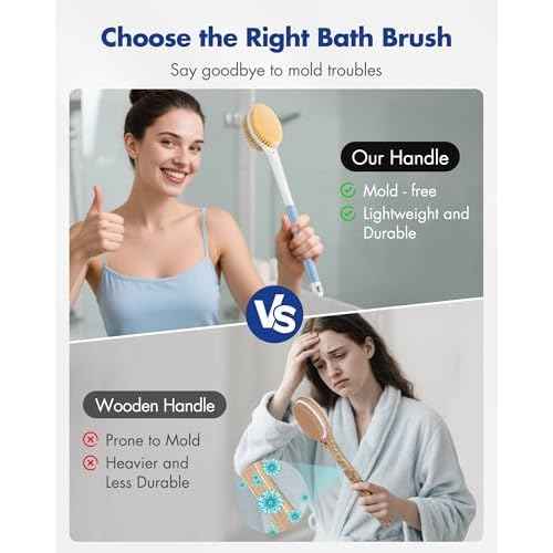Back Scrubber Body Shower Brush: Anti Slip Long Handle Bath Brush with Stiff and Soft Bristles - Showering Exfoliator Wet or Dry Brushing for Women, Men, Elderly (Blue)