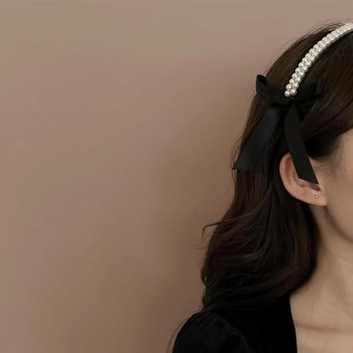 Pearl Headbands for Women Girls Sweet Satin Bow Headbands Non Slip Bridal Hair Hoop Cute Black Turban Headband Bling Beaded Head Bands Party Wedding Headwear Vintage Styling Tools Accessories