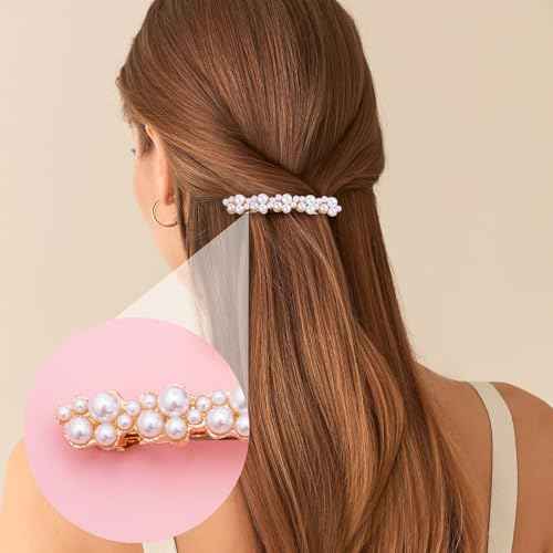 2 Pcs Pearl Hair Clips, Pearl-Embellished Barrette, Elegant Pearls Barrettes for Women, Party, Wedding, Daily Use, Graduation (Gold)