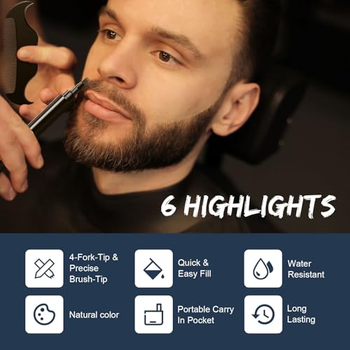 Beard Pen - Beard Pencil Filler for Men, Beard Filler with Beard Brush & Comb, 2-in-1 Dual-Ended Beard Pencils with 4-Fork-Tip & Precise Brush-Tip Birthday Gifts for Dad (Dark Brown)
