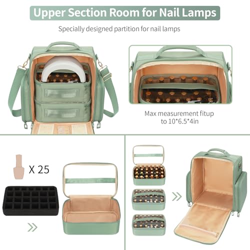 OCHEAL Nail Polish Organizer, Holds Nail Lamp and 75+ Bottles, Nail Organizers and Storage Holder Case with 3 Individual Bags Fit Manicure Tools Manicurist Travel Carrying kit -Green