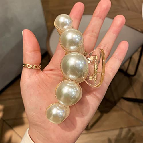 Large Pearl Hair Claw Clips for Strong Hold - Nonslip Champagne Color Hair Jaw Clips for Thick/Thin Hair, Daily Fashion, Birthdays, Weddings - Women's Hair Clip Accessories