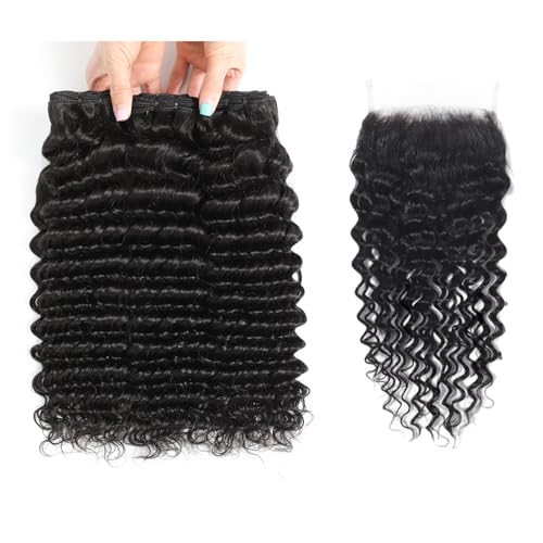 12A Human Hair Bundles with Closure-Deep Wave Bundles 12 14 16+12 Inch 5x5 HD Lace Closure Wet and Wavy, Water Wave 100% Brazilian Virgin Deep Curly 3 Bundles Human Hair Quick Weave Bundles for Women