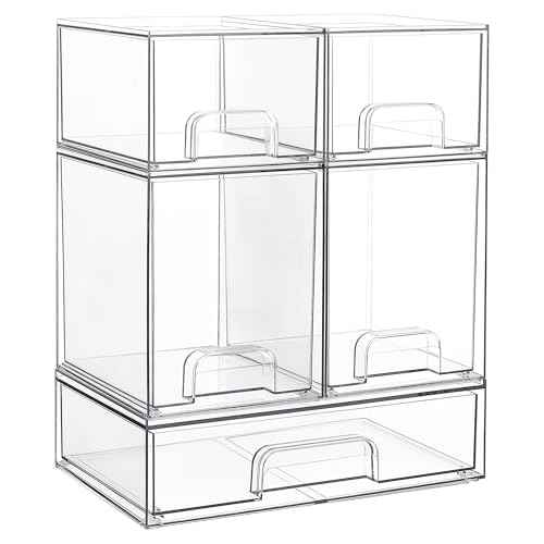 Vtopmart Stackable Storage Drawers Set of 5, Clear Plastic Organizer Bins for Beauty Supplies,Ideal for Vanity, Bathroom,Cabinet,Pantry Organization