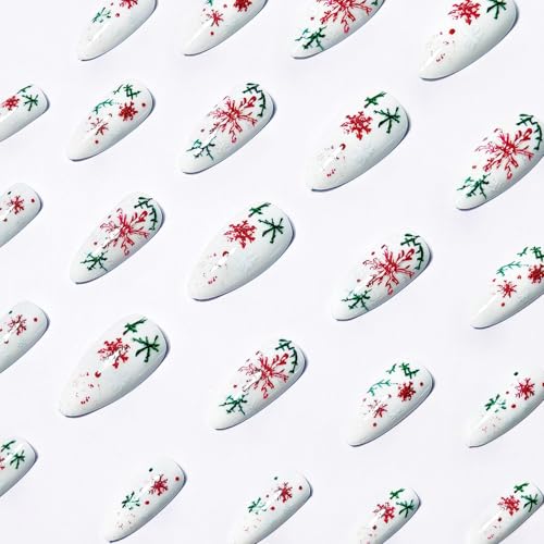 24Pcs Christmas Press on Nails Medium Almond Fake Nails with Christmas Holly Designs Winter Snowflake Acrylic Nails Xmas false nail kits Full Cover Snow Stick on Nails for Women New Year Party Decor