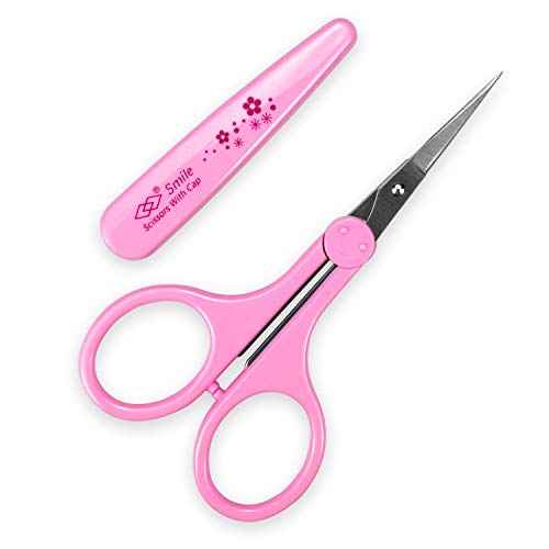 Eyebrow Scissors, Small Scissors for Facial, Nose, Eyebrow, Mustache, and Beard Hair Trimming & Grooming, Straight Edge, Pink Long Cap